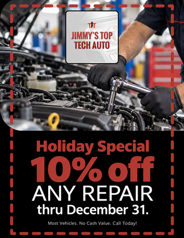 Promotional poster for Jimmy’s Top Tech Auto: $15 off full synthetic oil change with oil dipstick icon