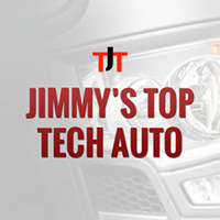 Jimmy’s Top Tech Auto logo in red and black on a gray car background