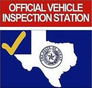 Official vehicle inspection station sign with yellow checkmark and Texas outline seal on blue background