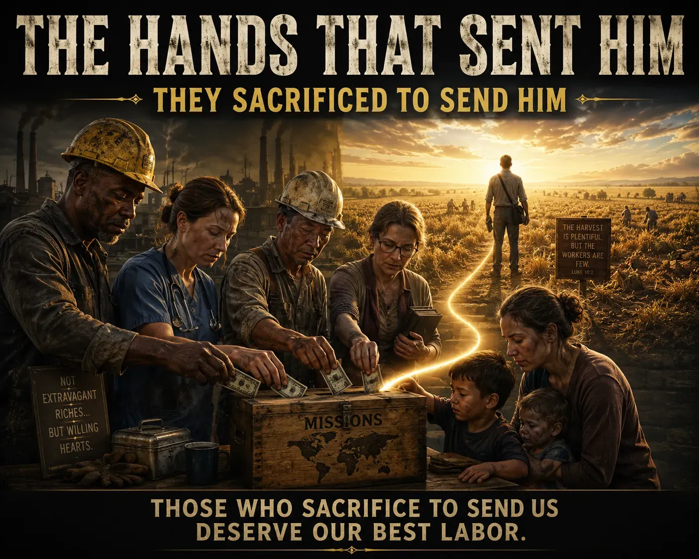Believers sacrificially giving to send a missionary into a waiting harvest field, showing the vital role of senders in gospel ministry.