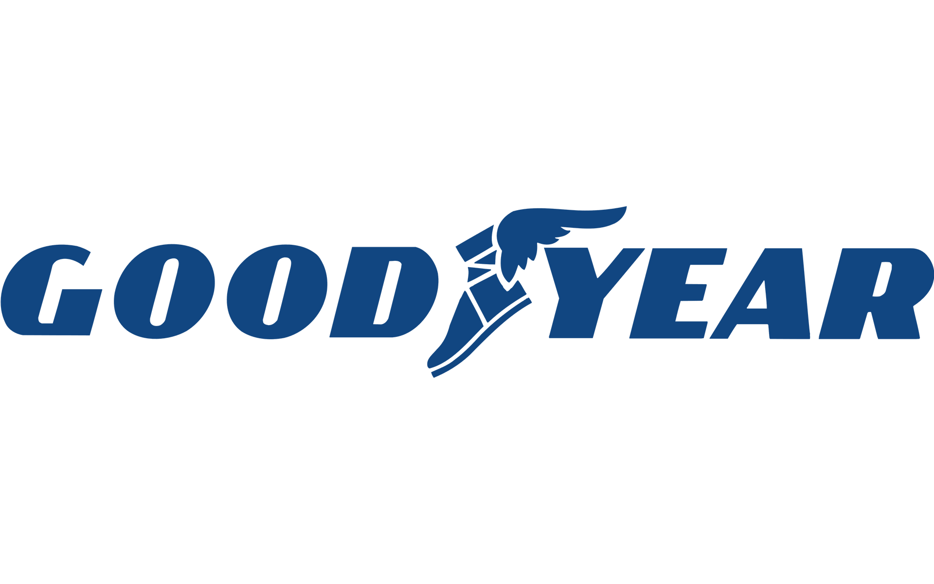 Logotipo de Goodyear en azul con el icono del pie alado sobre un fondo blanco.