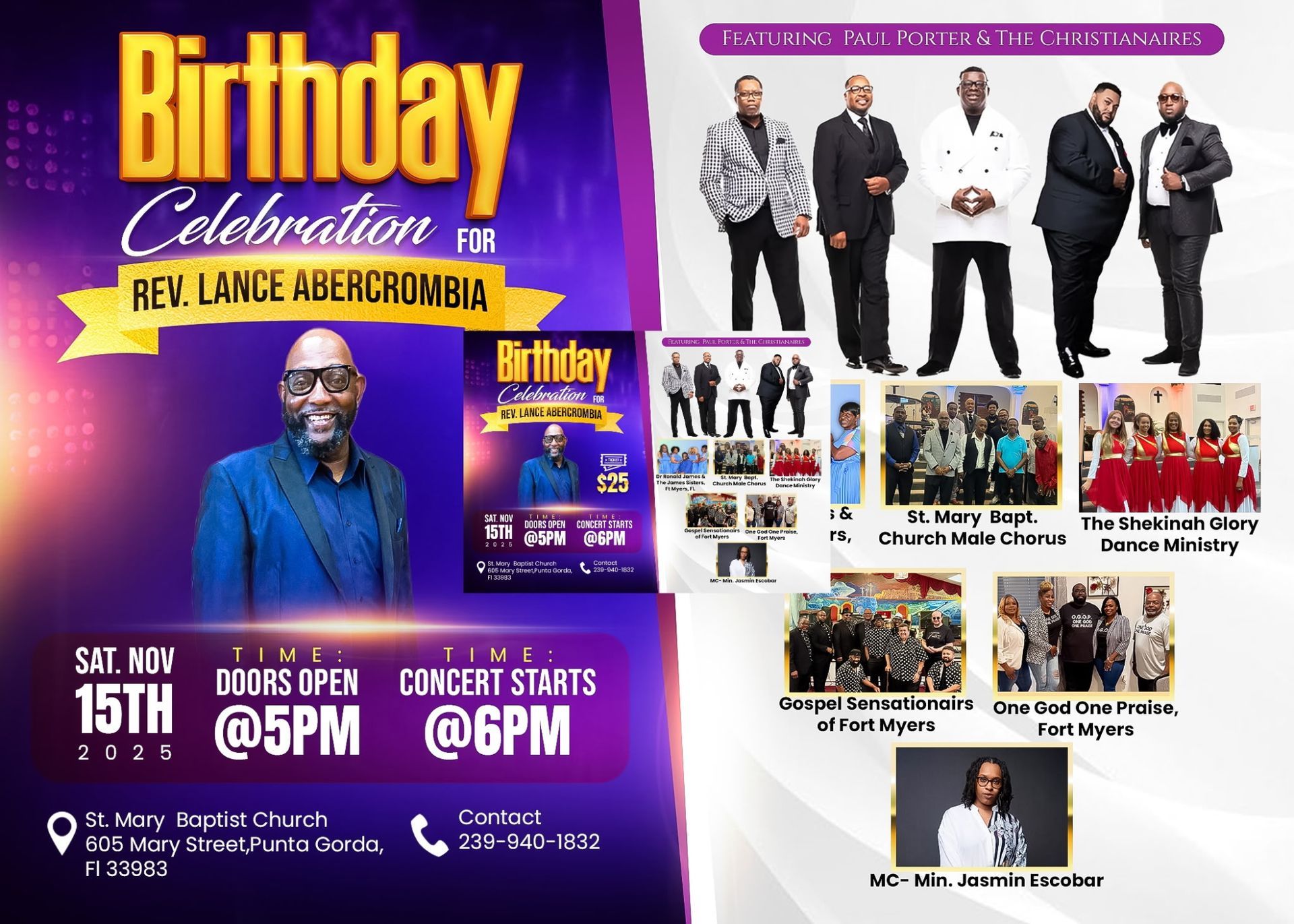 Birthday celebration flyer for Rev. Lance Abercrombia. Includes images of him, groups, and details.
