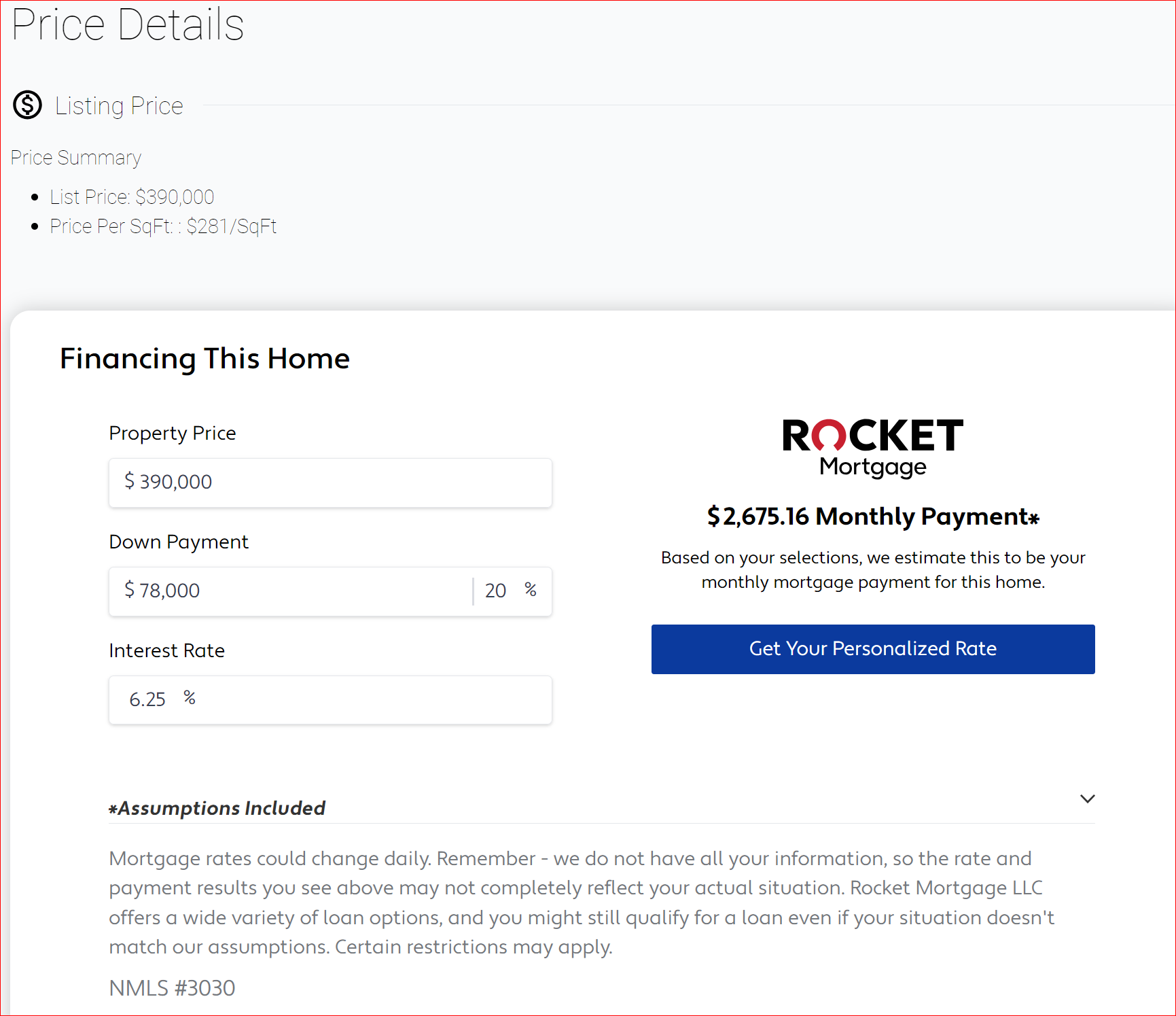 A screenshot of a rocket mortgage website. How the price varies at a 7% rate and a 2.375% rate.