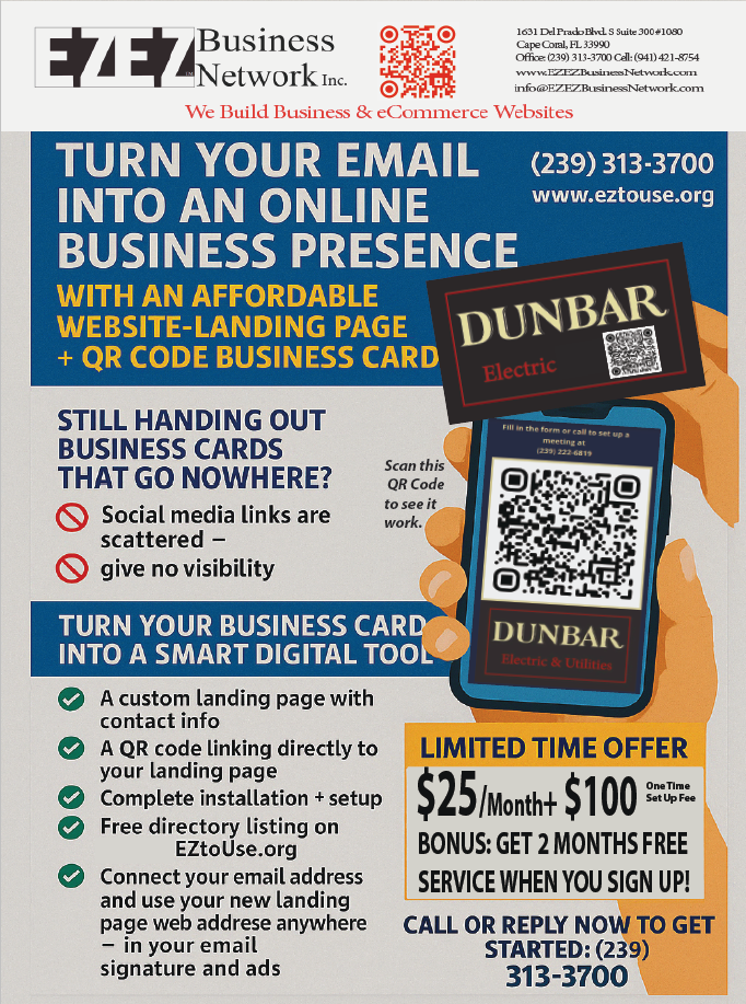 A business network advertisement shows a hand holding a dunbar business card