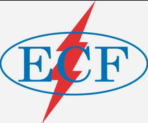 A blue and red logo for ecf with a lightning bolt
