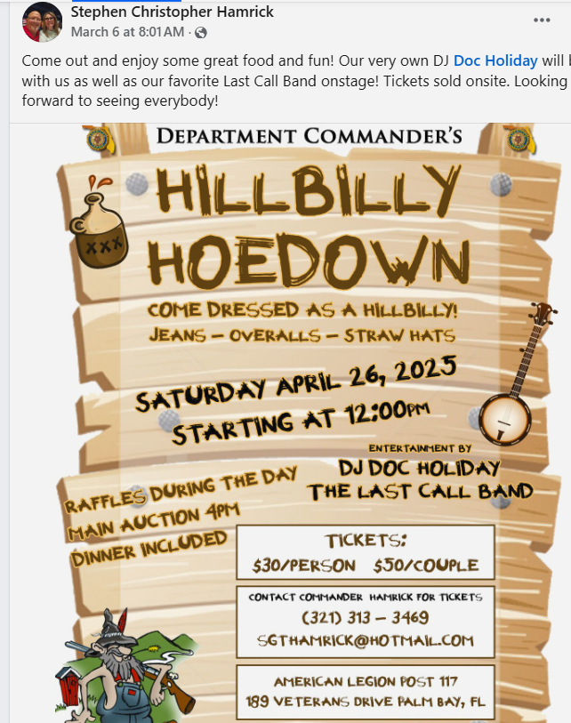A poster for department commander 's hillbilly hoedown.
