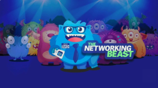 A group of monsters are standing in front of a sign that says the networking beast