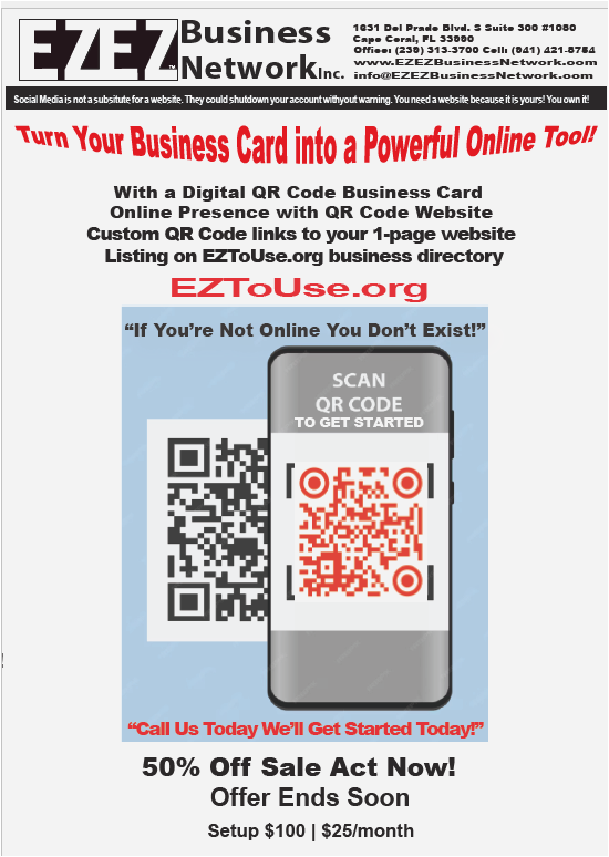 Advertisement for EZ Business Network, offering digital QR code business cards. Includes a QR code on a phone and pricing details.