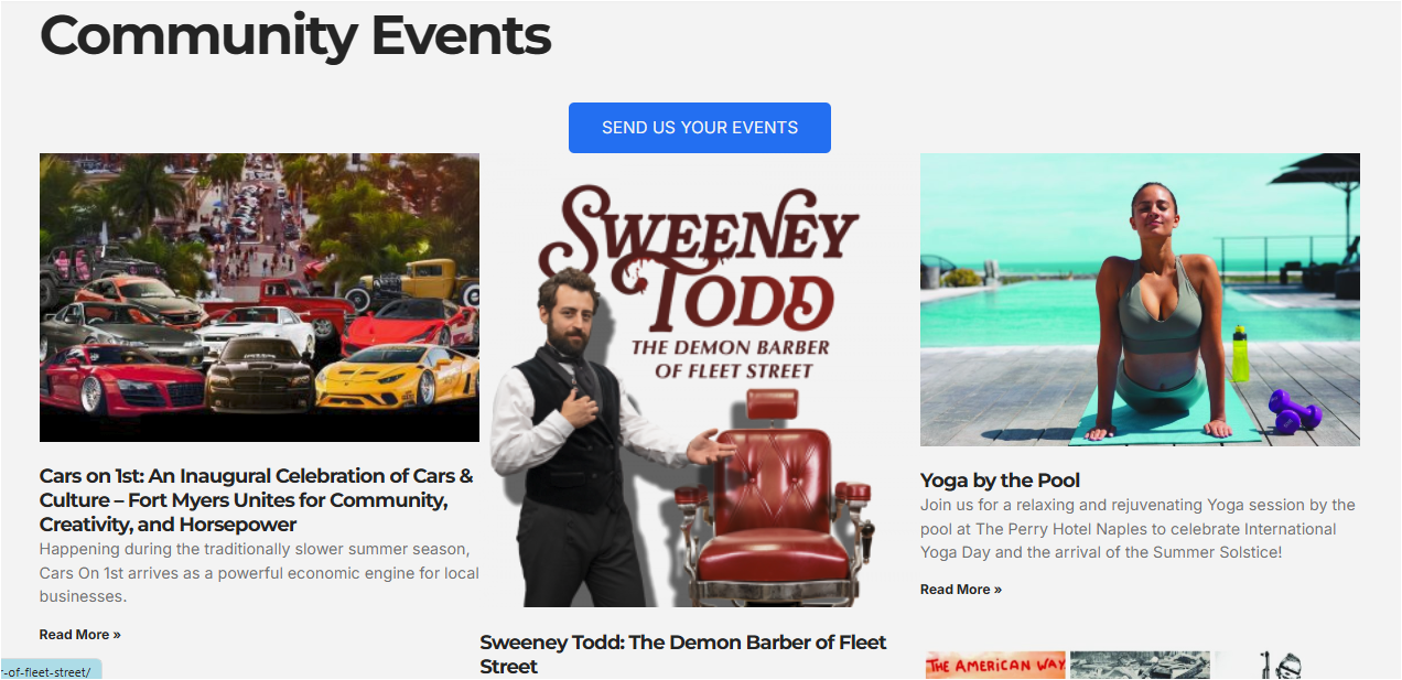 Community events: Car show, Sweeney Todd, yoga session.