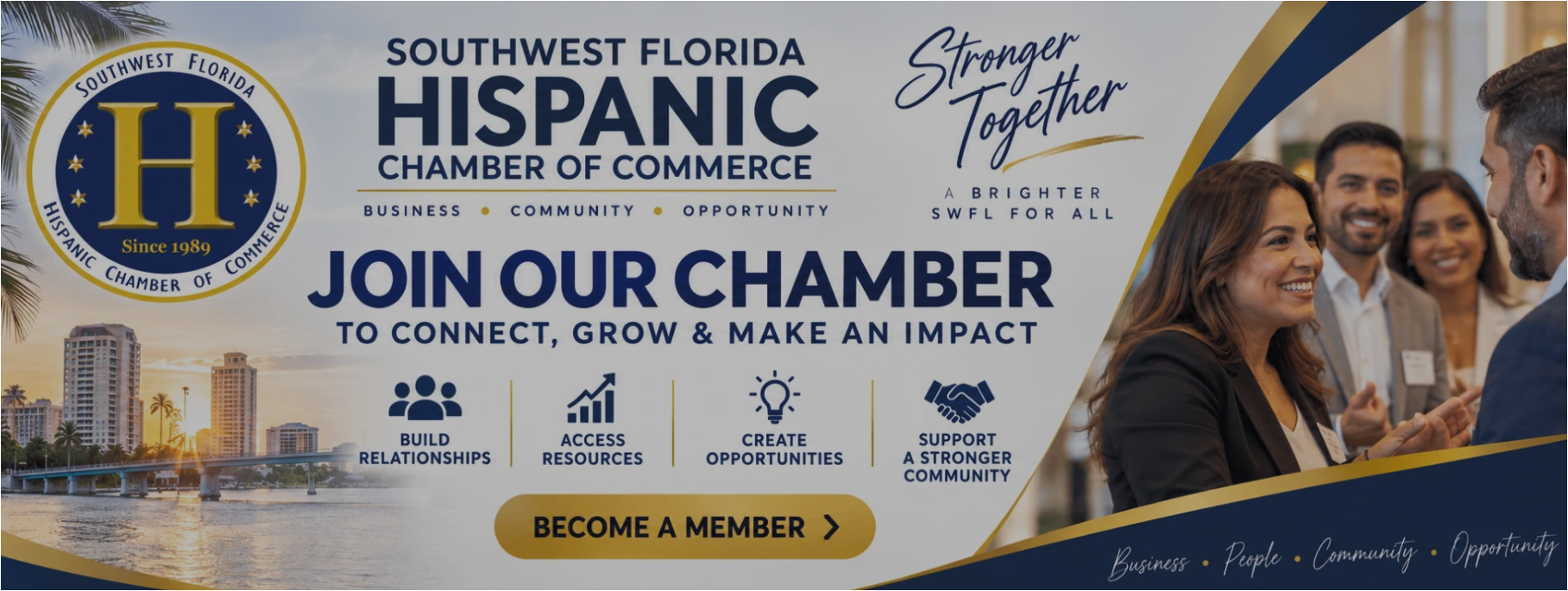 Southwest Florida Hispanic Chamber of Commerce banner inviting members, with logo, group photo, and membership call to action
