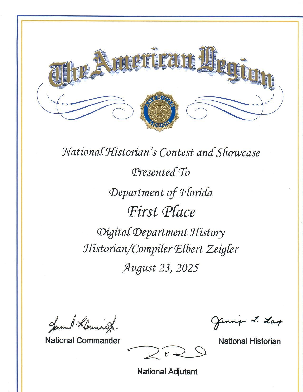 Certificate from The American Legion, First Place for Digital Department History awarded to Florida, August 23, 2025.