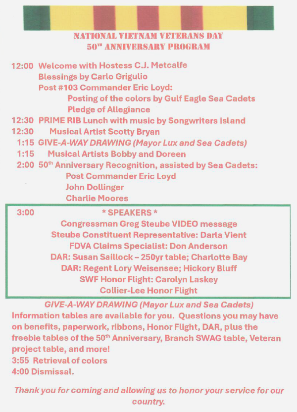 A program for the national Vietnam veterans day 50th anniversary program