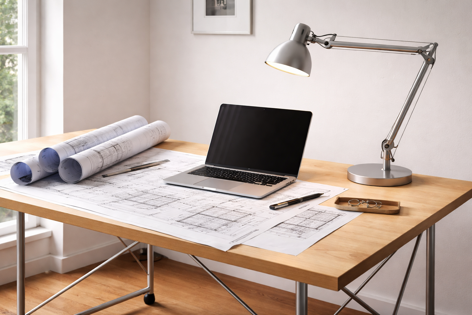 Arbeitsplatz in modernem Architekturbüro mit MacBook