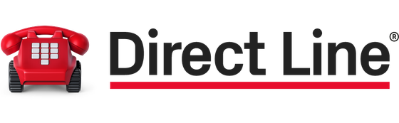 A red toy telephone is sitting next to the direct line logo.