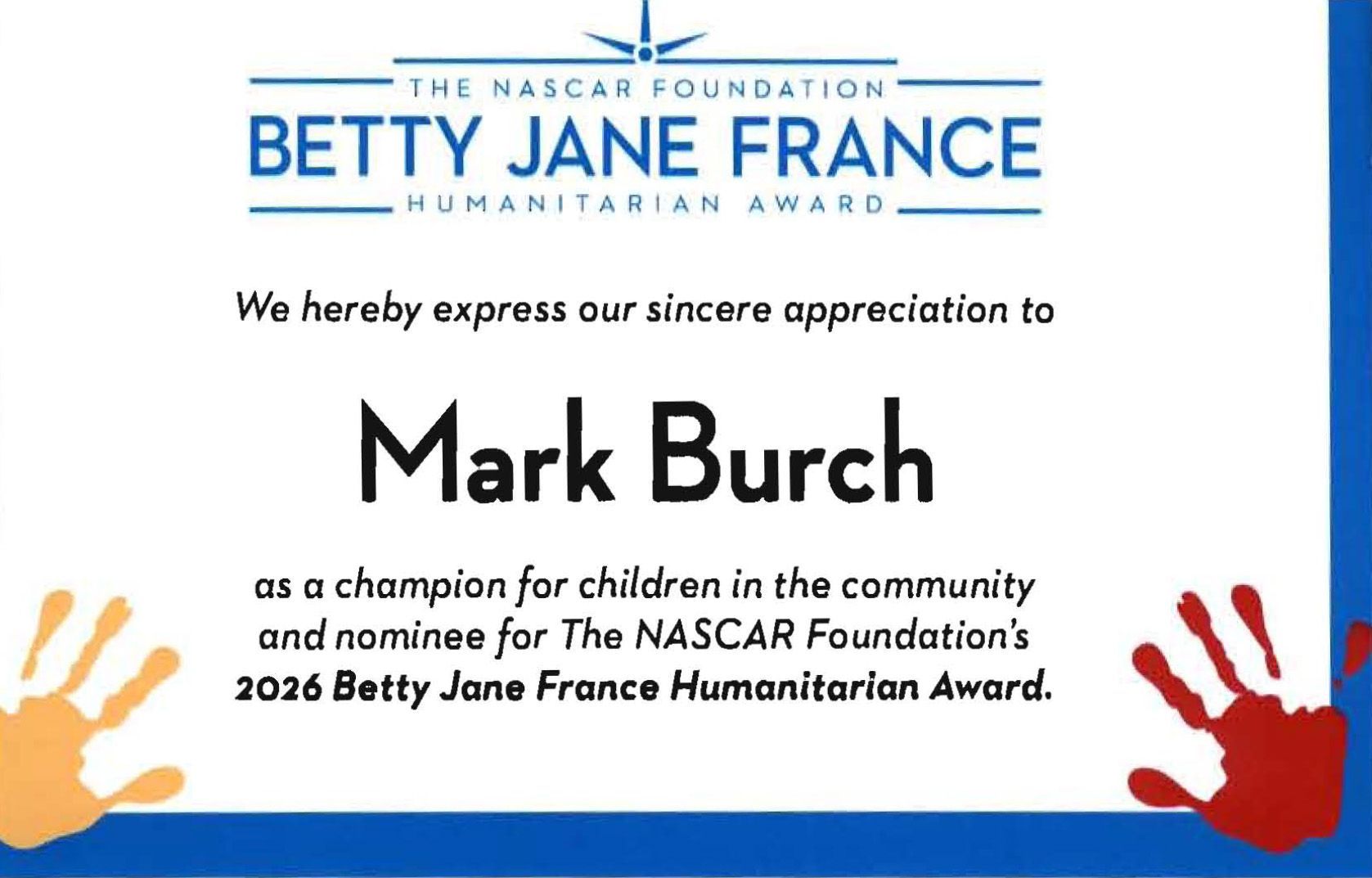 Betty Jane France Humanitarian Award certificate honoring Mark Burch, with colorful handprints