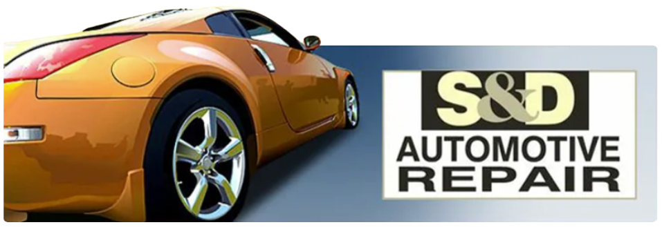 Orange sports car beside S&D Automotive Repair logo on a gray background