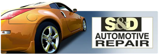 Orange sports car beside S&D Automotive Repair logo on a gray background