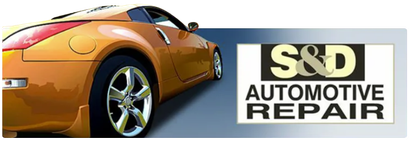Orange sports car beside S&D Automotive Repair logo on a gray background