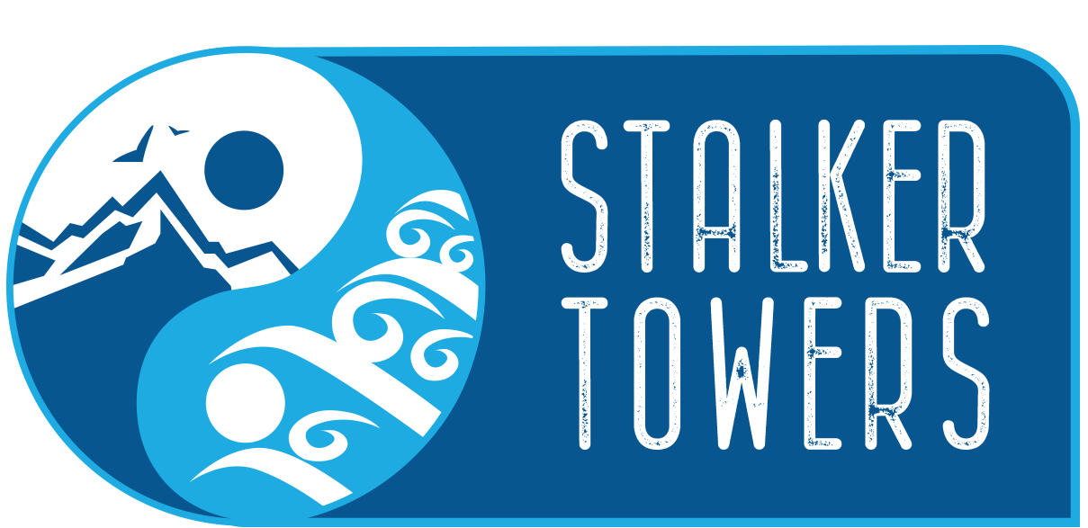 Blue and white “Stalker Towers” logo with stylized mountains, waves, and sun icon