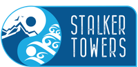 Blue and white Stalker Towers logo with mountain, moon, bird, and wave icons