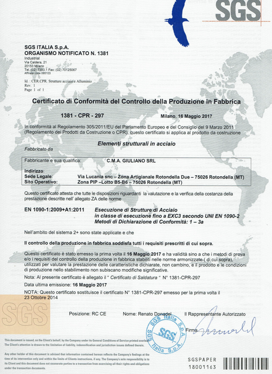 Documento di certificazione SGS con il logo dell'uccellino blu e una mappa del mondo, che descrive in dettaglio la conformità del prodotto.