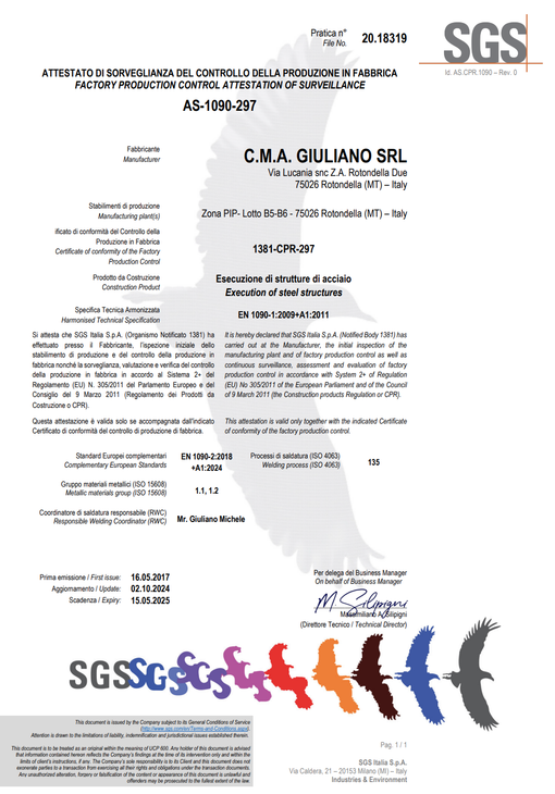 Certificato SGS per CMA Giuliano SRL, Italia. Testo su sfondo bianco con logo SGS e uccelli stilizzati a colori.