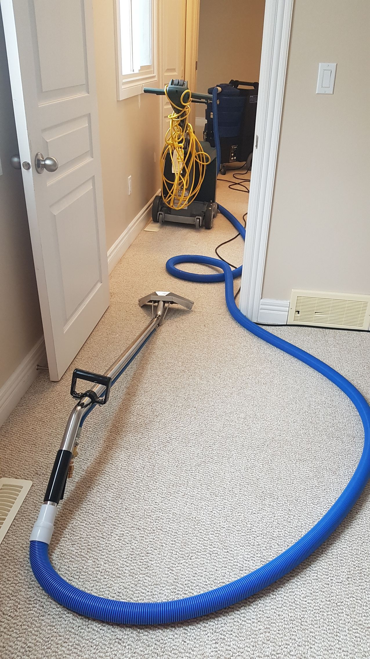 A professional carpet cleaning machine with a blue vacuum hose lies on a patterned carpet inside a residential home.