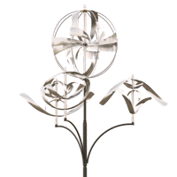 A stainless steel wind sculpture on a white background.