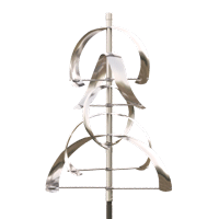A stainless steel wind spinner is sitting on top of a metal pole.