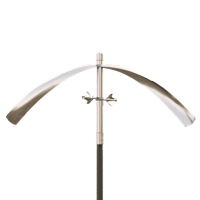 A stainless steel windmill with a black pole on a white background