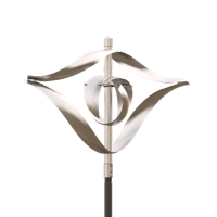 A stainless steel windmill is sitting on a white background.