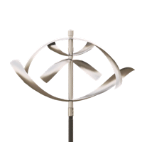 A stainless steel windmill is spinning on a white background