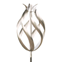 A stainless steel sculpture of a flower on a white background