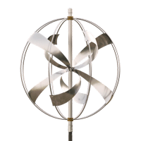 A stainless steel wind spinner with four blades on a white background.