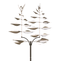 A metal sculpture of a tree with leaves on a white background.