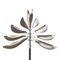 A stainless steel wind spinner in the shape of a flower