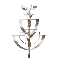 A stainless steel wind spinner with leaves on a white background.