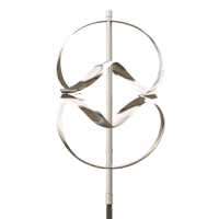 A stainless steel wind spinner on a pole on a white background.