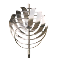 A stainless steel wind spinner on a white background