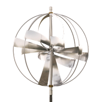 A stainless steel wind spinner on a white background.