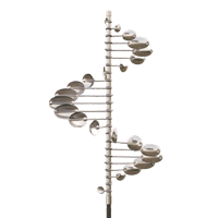 A stainless steel spiral sculpture with a white background.
