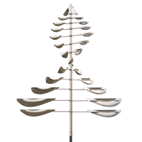 A stainless steel wind spinner in the shape of a christmas tree.