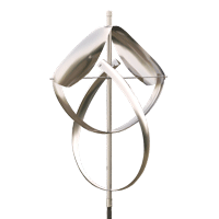 A stainless steel windmill is sitting on top of a pole on a white background.