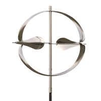 A stainless steel windmill with two blades on a white background