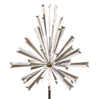A stainless steel sculpture of a starburst on a white background.