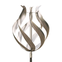 A stainless steel sculpture with a white background