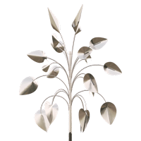 A stainless steel tree with leaves on a white background