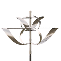 A stainless steel wind sculpture on a white background.