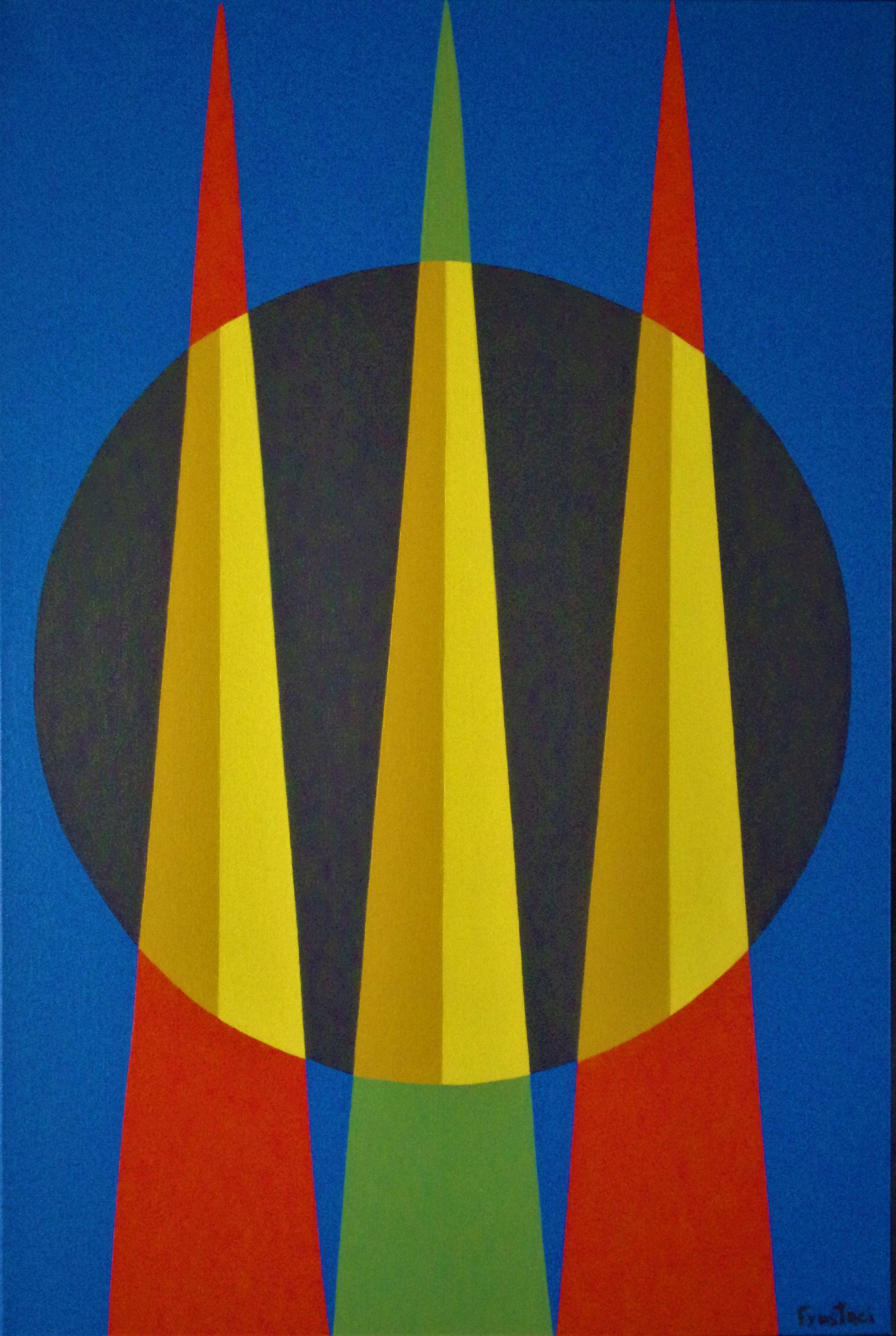 A painting of three cones with a black circle in the middle