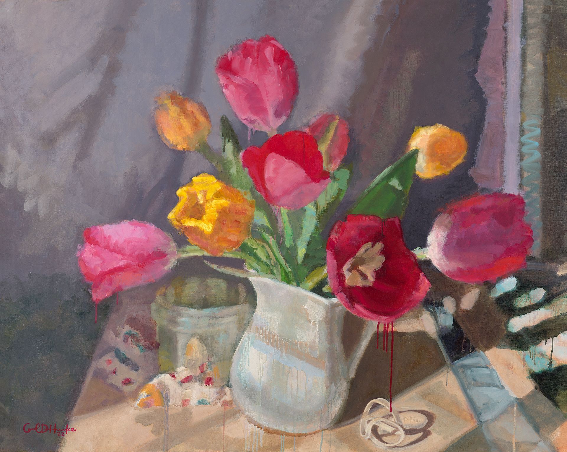 A painting of flowers in a pitcher on a table